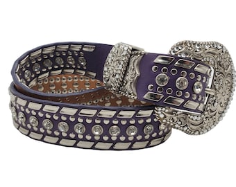 Nocona Purple Leather Belt Med Clear Crystal Studded Silver Tone Buckle Western