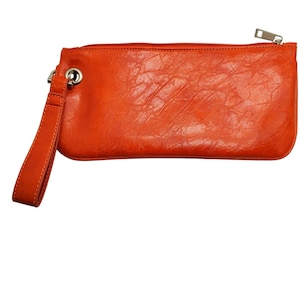 May include: An orange leather wristlet with a zipper closure and a wrist strap. The wristlet has a textured surface and a silver-colored zipper pull and strap attachment.