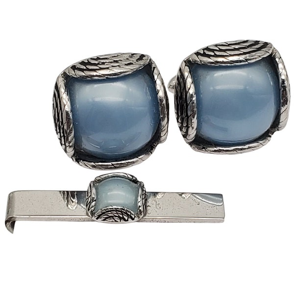 Blue Moonglow Cufflinks Tie Bar Swank Lucite Acrylic Deco Style Set Silver Tone