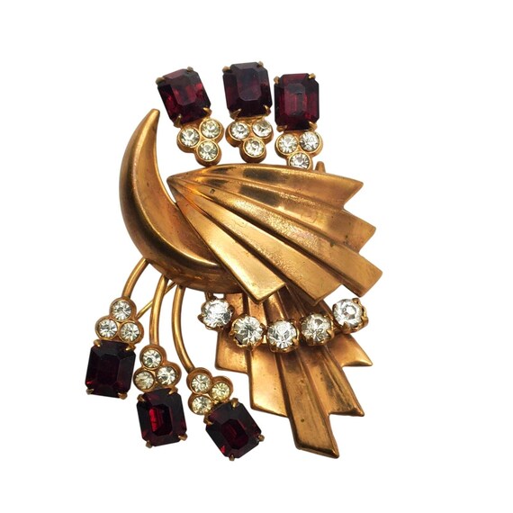 Gold Spray Brooch Ruby Red Clear Rhinestones Fan … - image 1