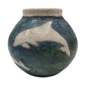 Ben Diller Raku Pottery Dolphin Vase Signed Artist Ceramic Pot Ocean Marine Life