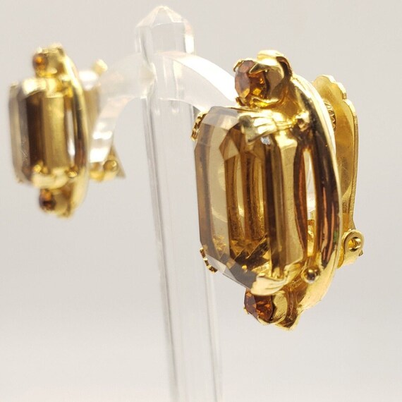 Chunky Brown Topaz Rhinestone Clip Earrings Gold … - image 4