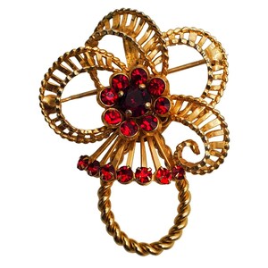 Red Rhinestone Brooch Twisted Wire Ribbon Bow Pin Pendant Vintage 1960s
