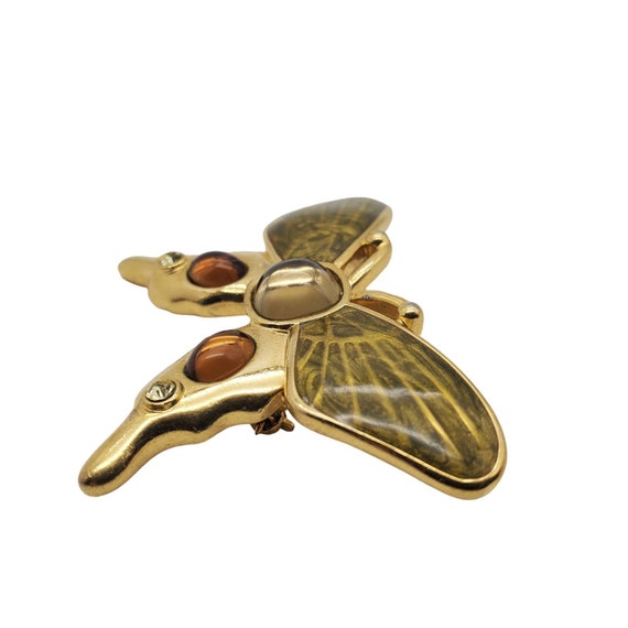 Monet Butterfly Brooch Gold Tone Green Cabochon P… - image 3