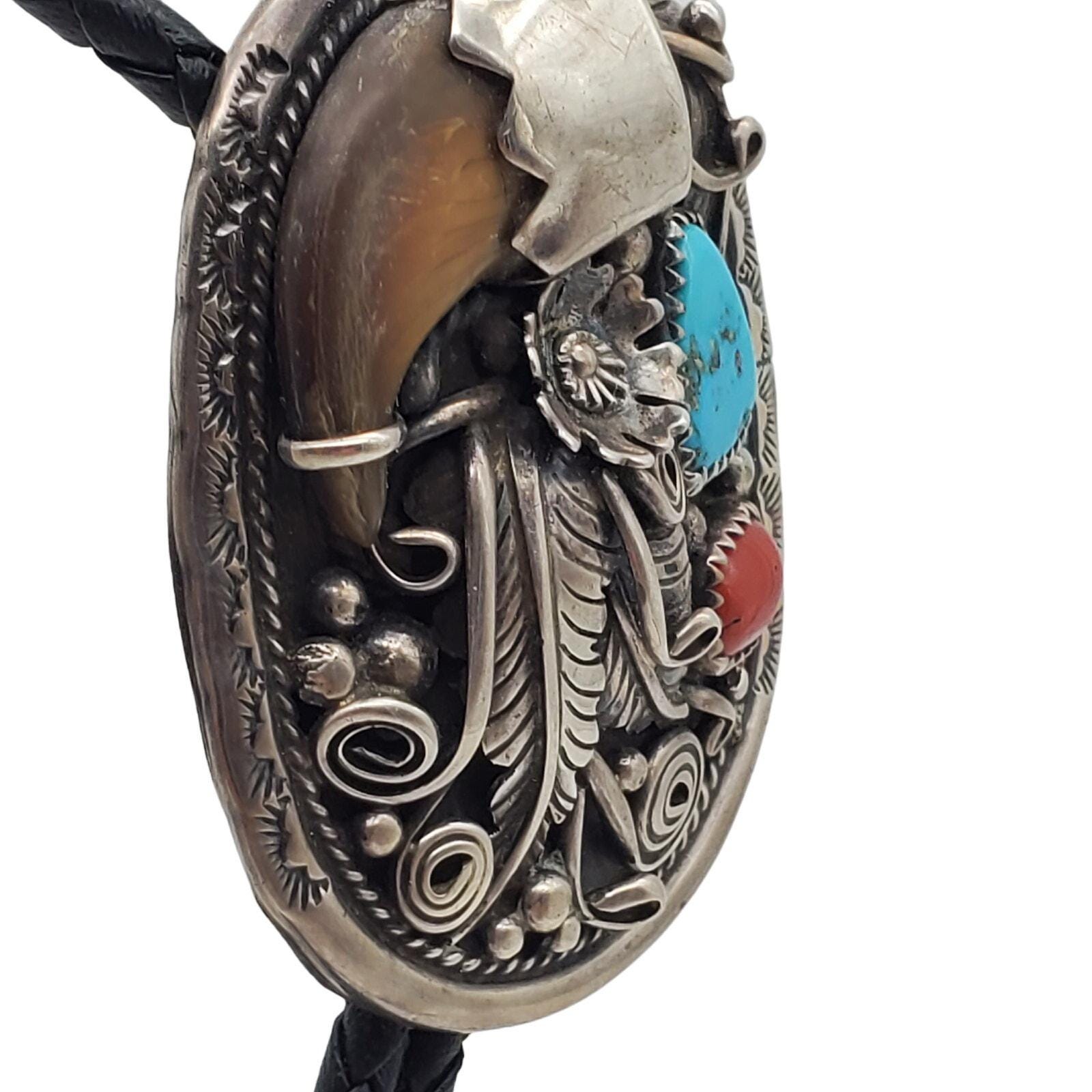 Navajo Sterling Silver Bolo Tie Turquoise Coral Native American Verdy ...