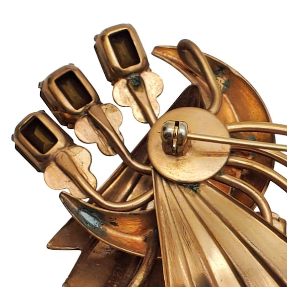 Gold Spray Brooch Ruby Red Clear Rhinestones Fan … - image 5