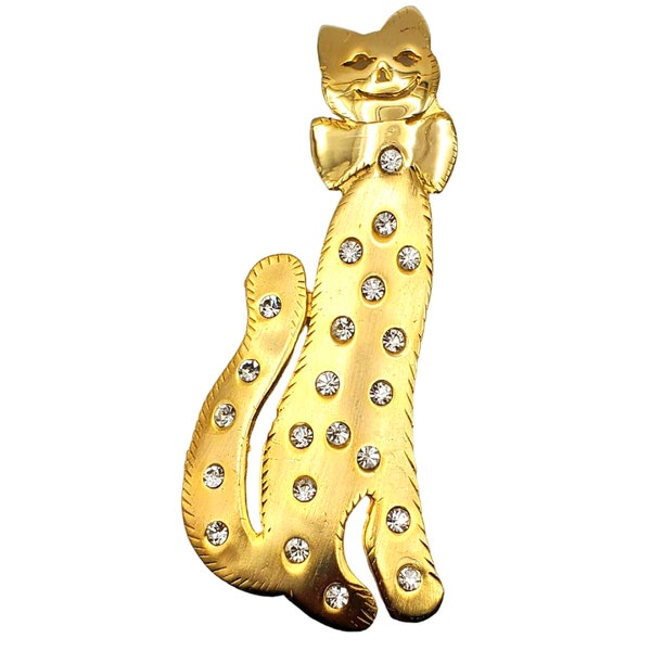 Large 4" Cat Brooch Gold Tone Rhinestone Pin Signed Ultra Craft Animal Figural