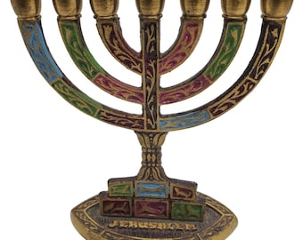 Jerusalem Menorah Solid Brass Multicolor Enamel Candelabra Judaica Candle Holder