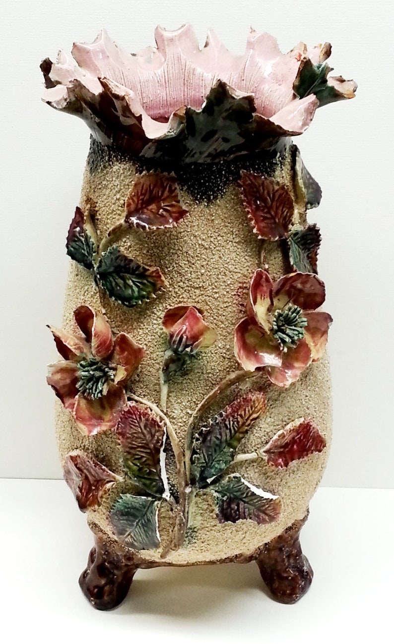 Sand Majolica Victorian Pottery Footed Vase Antique Wild Rose Vase