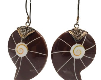 Sterling Silver Brown Resin Earrings Nautilus Shell Boho Beachy 925 Pierced Vtg