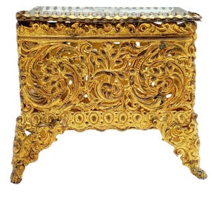 Antique Ormolu Jewelry Casket Box Beveled Glass Victorian Gilt Trinket Filigree