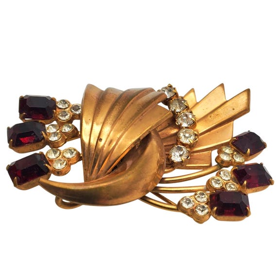 Gold Spray Brooch Ruby Red Clear Rhinestones Fan … - image 3