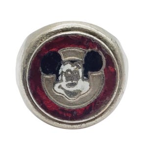 Disney Mickey Mouse Ring Silver Tone Red Enamel Vintage Adjustable Collectible immagine 8