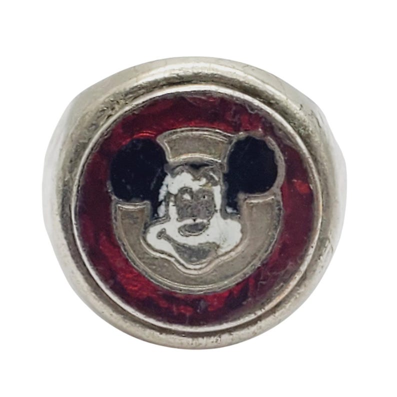 Disney Mickey Mouse Ring Silver Tone Red Enamel Vintage Adjustable Collectible immagine 8