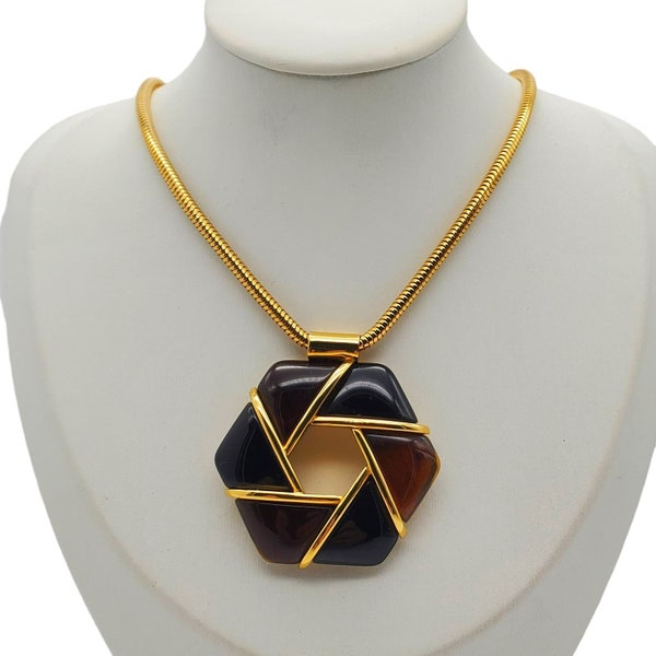 Givenchy Geometric Brown Pendant Necklace Snake Chain Vintage 1970s Designer