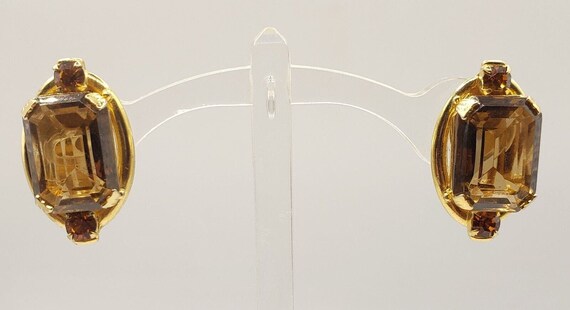 Chunky Brown Topaz Rhinestone Clip Earrings Gold … - image 9