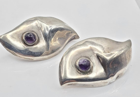 Taxco Sterling Puffy Amethyst Earrings Clips Mode… - image 9