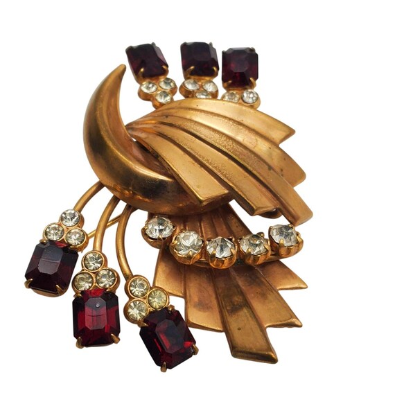 Gold Spray Brooch Ruby Red Clear Rhinestones Fan … - image 6