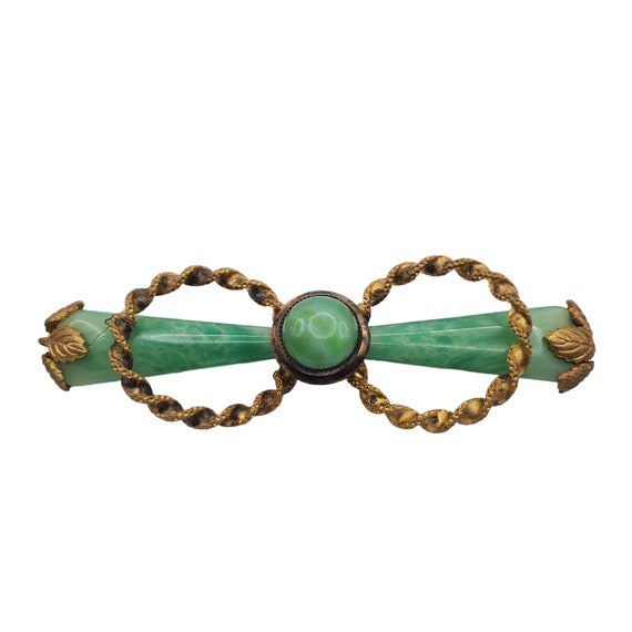 Antique Jadeite Green Stone Bar Pin Gold Tone Bro… - image 1