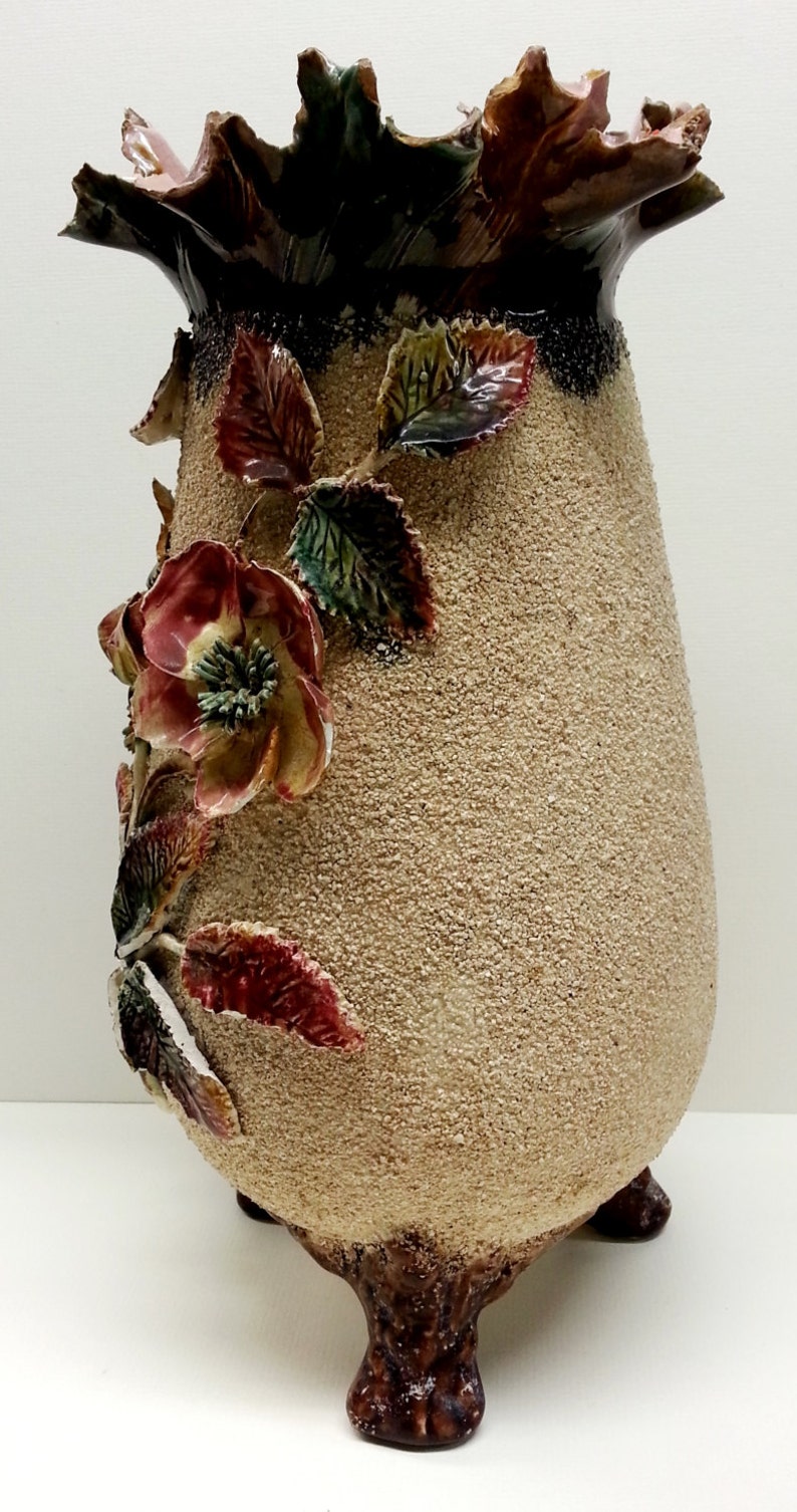 Sand Majolica Victorian Pottery Footed Vase Antique Wild Rose Vase