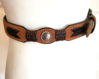 Nocona Tan Brown Leather Belt 26 Western Braided Silver Concho Floral Buckle