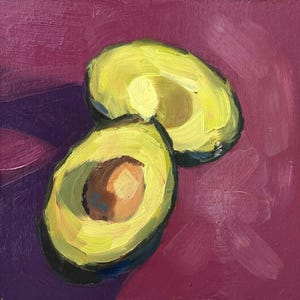 May include: A painting of two avocado halves on a purple background. The avocado halves are painted in a realistic style with yellow flesh and a brown seed.
