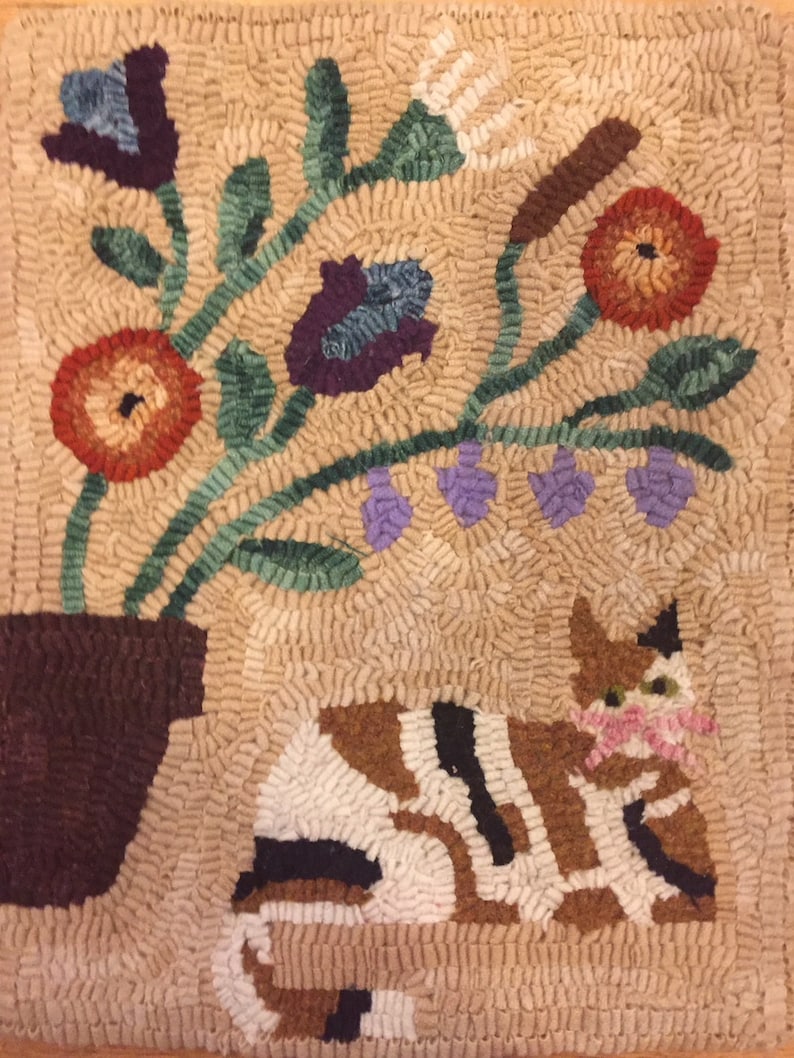 Primitive Rug Hooking Kit, Flowerpot Cat, Hooked, Linen, Wool Etsy