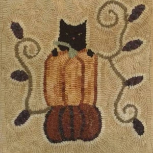 Primitive rug hooking kit, hooked, peeking kitty, linen, wool