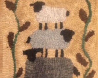 Primitive rug hooking kit, hooked, Three Stacked Sheep, wool, linen
