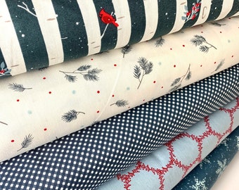 Christmas Fabric Bundle - Winterland by Amanda Castor for Riley Blake - 100% cotton. Navy Blue Red Cardinal Snowflake Wreath - 5 Prints