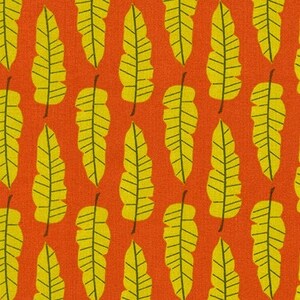 May include: A seamless pattern of yellow banana leaves on an orange background. The leaves are stylized and have a graphic design.