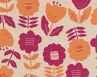 Floral Flax Prints Fabric - Orange Dark Pink Flowers on Beige  - Robert Kaufman.  80/20% cotton/flax. SB-850271D1-1 SUMMER