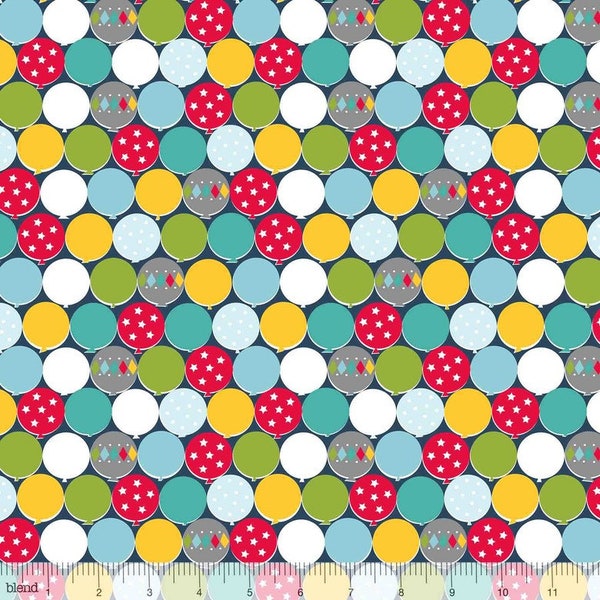 Balloon Fabric - "Up Up & Away Navy" from Piccadilly by Maude Asbury for Blend Fabrics. Colorful balloons on navy. 100% cotton. 101.150.04.1