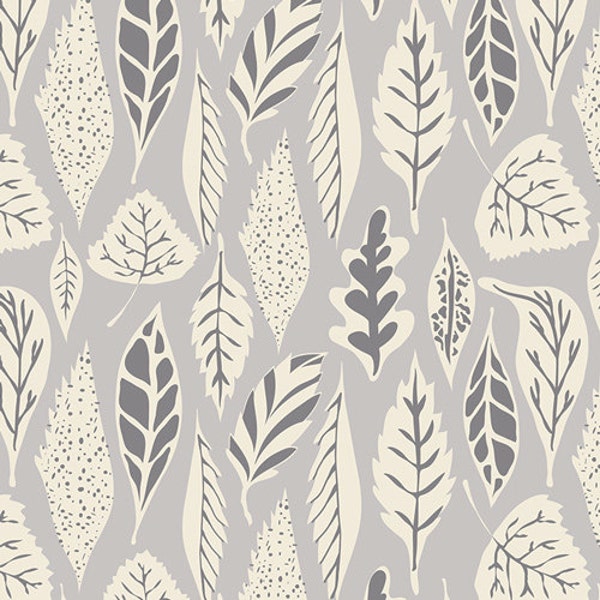 Hello Bear - Art Gallery Fabrics "Leaflet Dawn" by Bonnie Christine. Grey Gray Forest Leaf. 100% premium cotton. HBR-5435