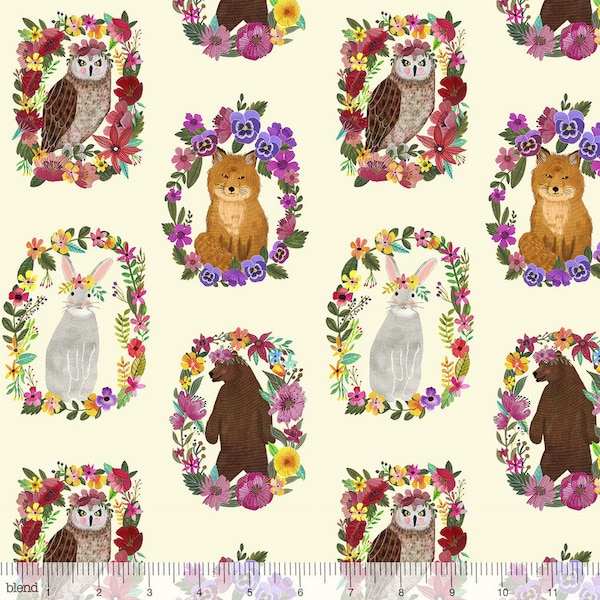 Forest Animal Fabric "Wood Rings Ivory" from Forest Friends by Mia Charro for Blend Fabrics. Bears Owls Fox Rabbits. 100% cotton.