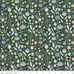 Hibiscus Fabric - "Foliage Hunter" by Simple Simon Co for Riley Blake. Dark Forest Green Floral. 100% Cotton. C11542 Hunter