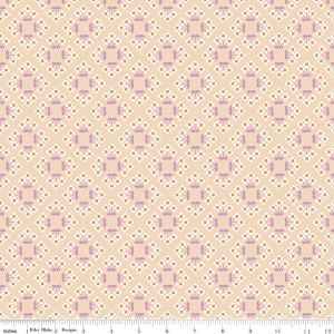 May include: A fabric with a repeating pattern of floral and geometric shapes. The design features small white and purple flowers, along with gold and purple dots, set against a light peach background. The fabric is measured in inches.