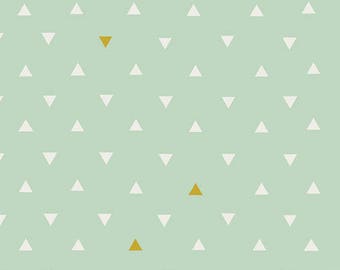 Arizona Fabric - Art Gallery "Triangle Tokens Metallic" by April Rhodes. Mint Green with Gold Geometric - 100% premium cotton. ARZ-554