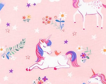 Unicorn Fabric - Sea Urchin Studio for Robert Kaufman. Happy Little Unicorns & Rainbows on Pink. 100% cotton. AUI-17163-10