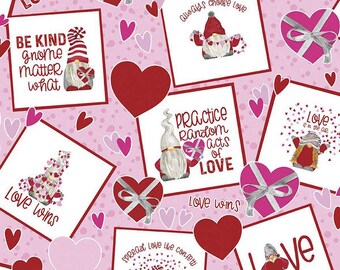 Valentines Day Fabric - "Main Pink" from Gnomes in Love by Tara Reed for Riley Blake. Valentine's Day Sweetheart -  100% cotton - C11310