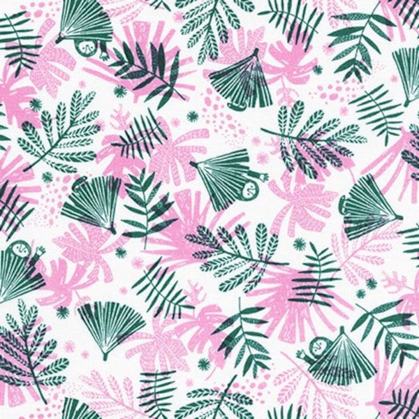 Wild and Free Fabric by Hello Lucky for Robert Kaufman. Pink and Green Jungle Fabric. 100% cotton. AIL-19558-106 Blossom