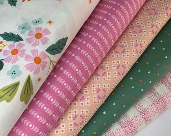 Floral Fabric Bundle from Community Collection by Citrus & Mint Designs for Riley Blake Designs. Pink Coral and Green 100% cotton - 5 Prints