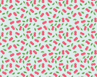 Summer Fabric -Cherries Bleached Denim - Summer Picnic by Melissa Mortenson for Riley Blake - Cherry on Turquoise - 100% cotton. C10753