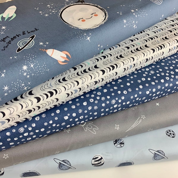 Stargazer Fabric Bundle from Art Gallery Fabrics.  Blue Navy and Gray Space Stars Moon.  100% premium cotton. 5 Prints.