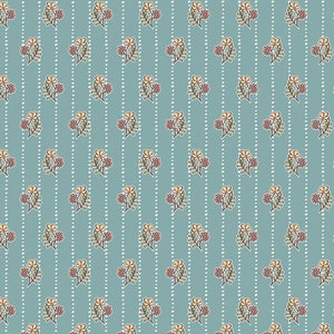 May include: A seamless pattern featuring a repeating design of small, stylized floral sprigs in shades of yellow, orange, and red on a light blue background.