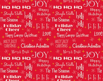 Christmas Adventure Fabric - Phrases Red Sparkle by Beverly McCullough for Riley Blake - 100% cotton. SC10731-Red