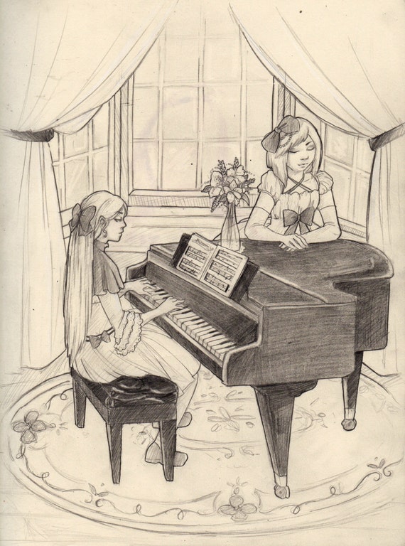 Dibujo a lápiz Original de clases de piano