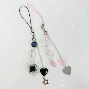 Cute Trendy Matching Star and Heart Black and Pink Phone Keychain | Customizable Name