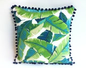 One Miami Banana leaf Pom pom Zipper Pillow Cover Palm Leaves 16x16 Martinique Pillow cover Lime turquoise Aqua indoor/outdoor cover