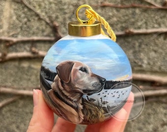 Pets On an Ornament, Two Portraits on One, Painted from Photos, Pet in a Landscape, Memorial Art, Christmas Gift, Animal Lover, Pet Loss